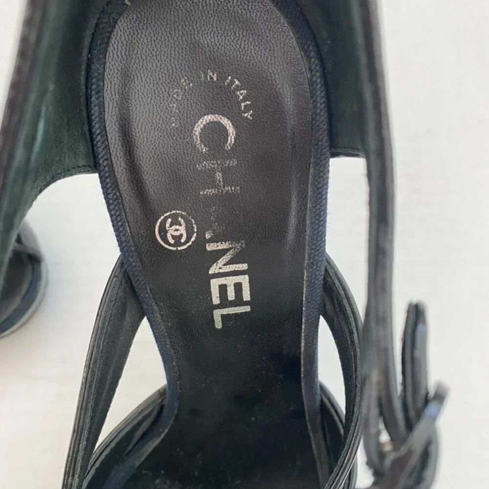 Chanel Black Patent Blue Fabric Platform Heels Size 38 US 7.5